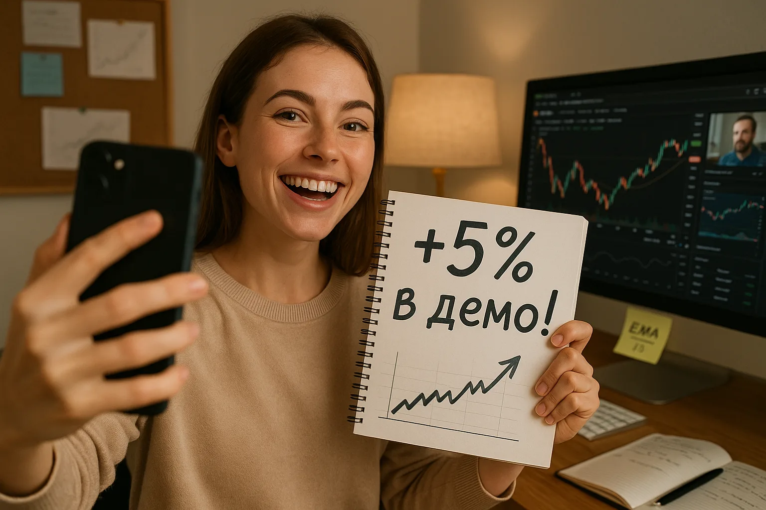 Девушка радуется результатам демо-счета в процессе обучения