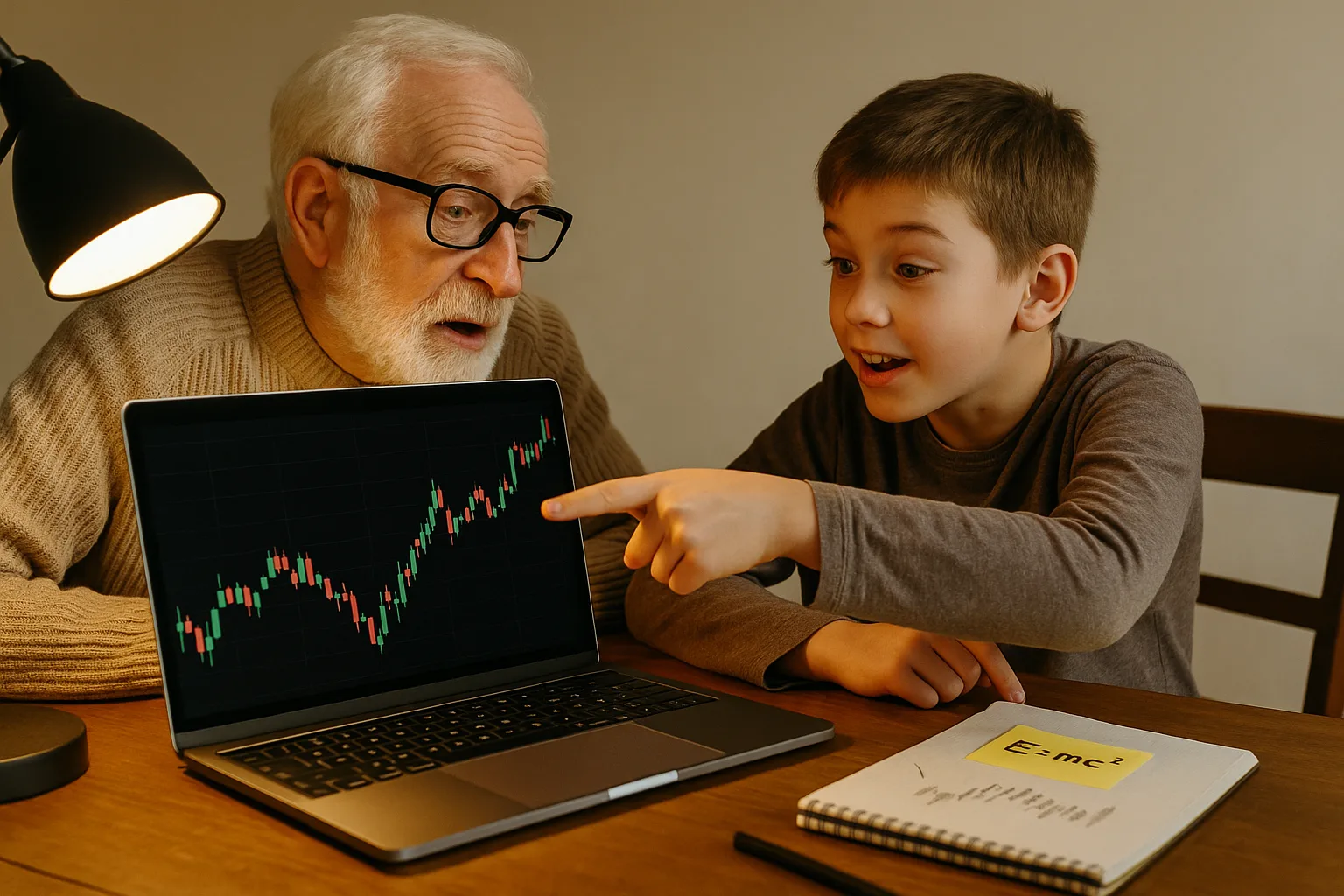 Дедушка с внуком изучают график трейдинга вместе