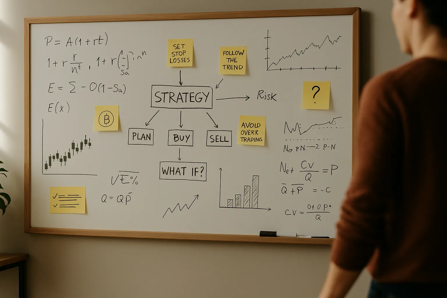 Доска с заметками и схемами по трейдингу