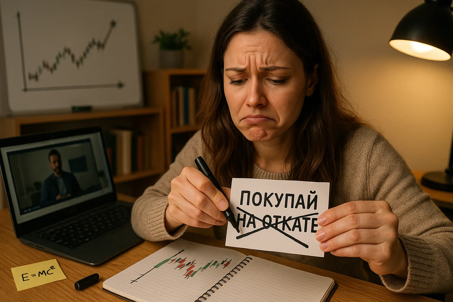 Женщина перечёркивает трейдерскую ошибку в заметке