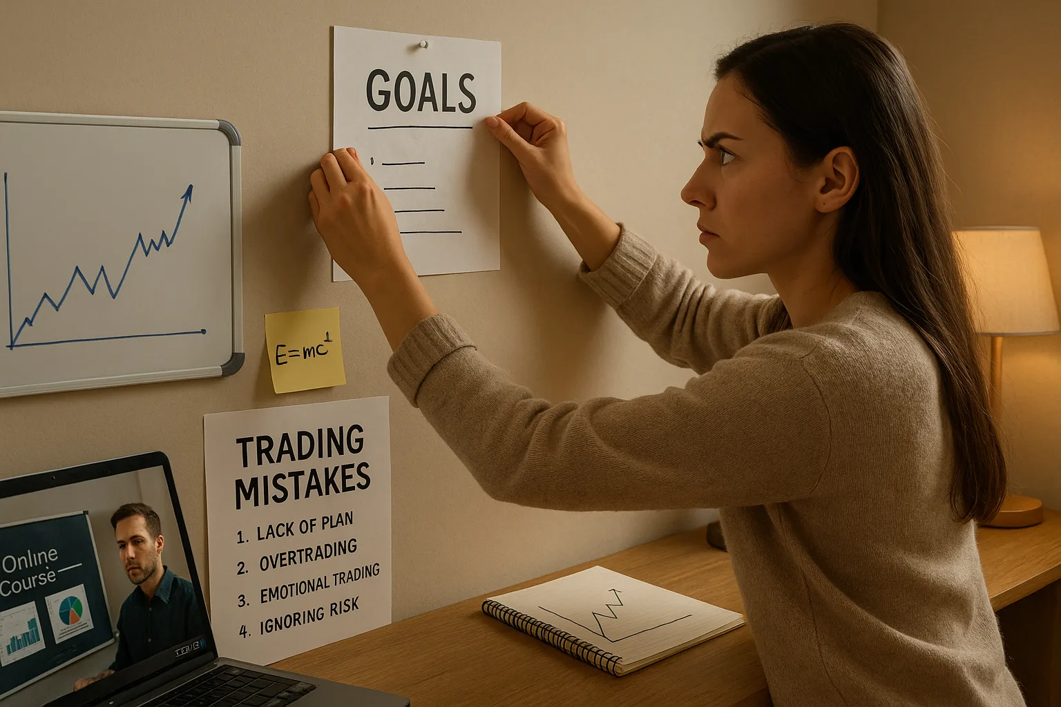 Девушка размещает цели и ошибки на стене для трейдинга