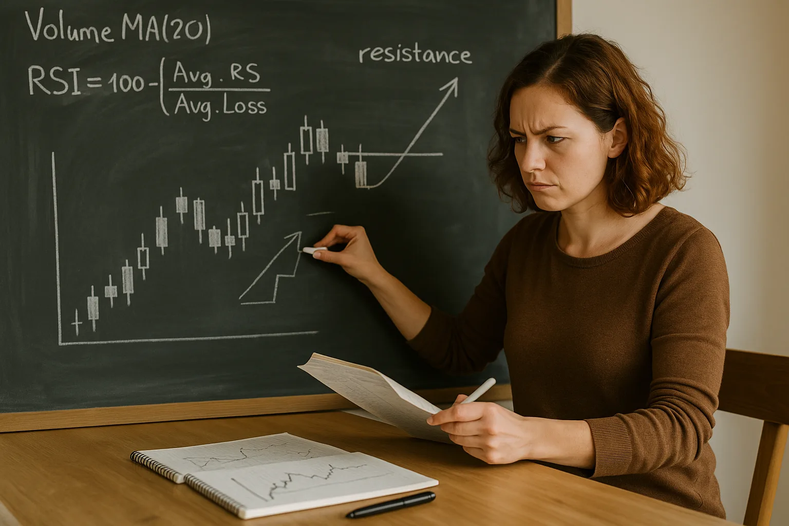 Женщина стирает и перерисовывает схему на доске по трейдингу